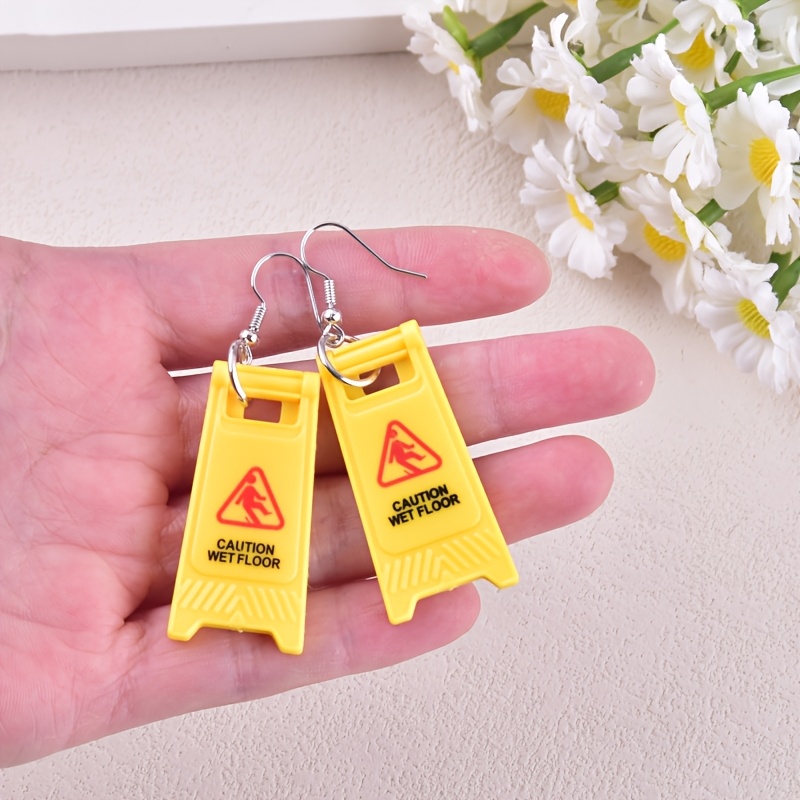 Caution Wet Floor Warning Sign Drop Earrings